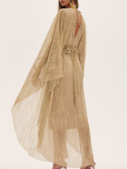 Champagne Deep V Pleated Dolman Sleeve Dress