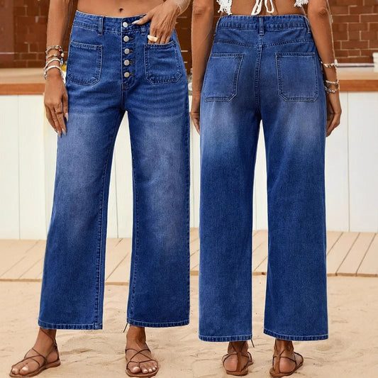 Button Elastic Loose Denim Shorts