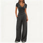2 Pieces Women's V Neck Short-sleeve Sportswear Top And Wide-leg Pants Set Casual Comfortable Outfit Set For Daily Wear Gym Sports Outfit