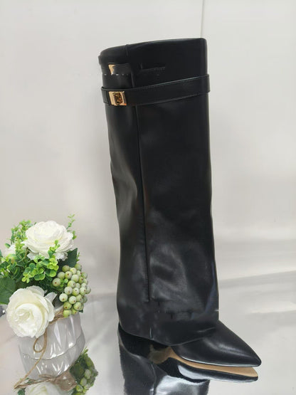 Ins Pant-tube Boots Pointed Toe Chunky Heel Shoes WInter Knight Mid-calf Dress Boot For Women