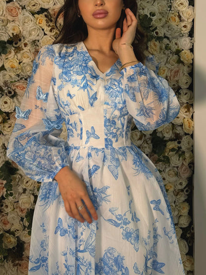 Butterfly Print V Neck Long Sleeve Dress