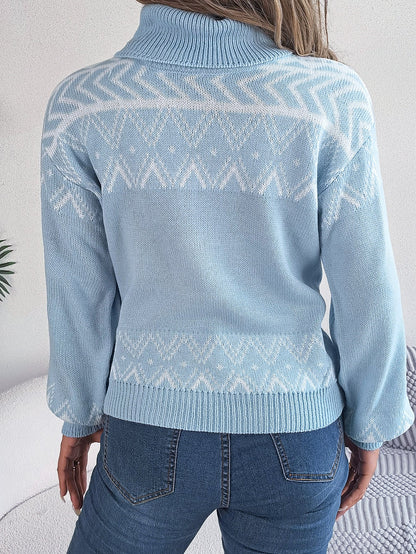 Women Ethnic Style Vintage Jacquard Lantern Sleeve Turtleneck Sweater