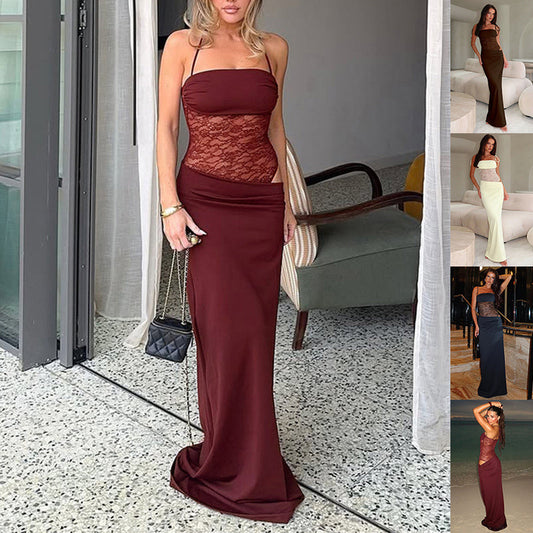 Y2K Lace Suspender Dress Fashion Sexy Lace Long Dresses Party Evening Club Beach Clothing For Women