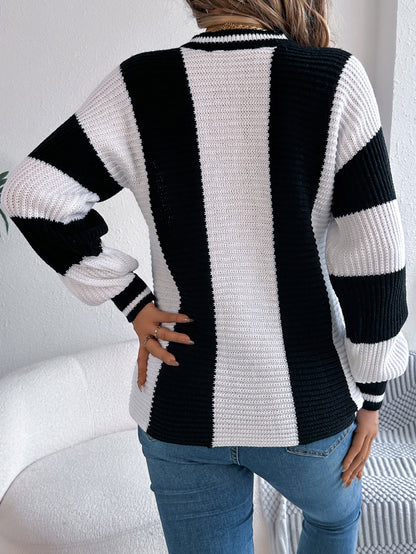 Women Casual Color Block Stripe Lantern Sleeve Pullover Sweater