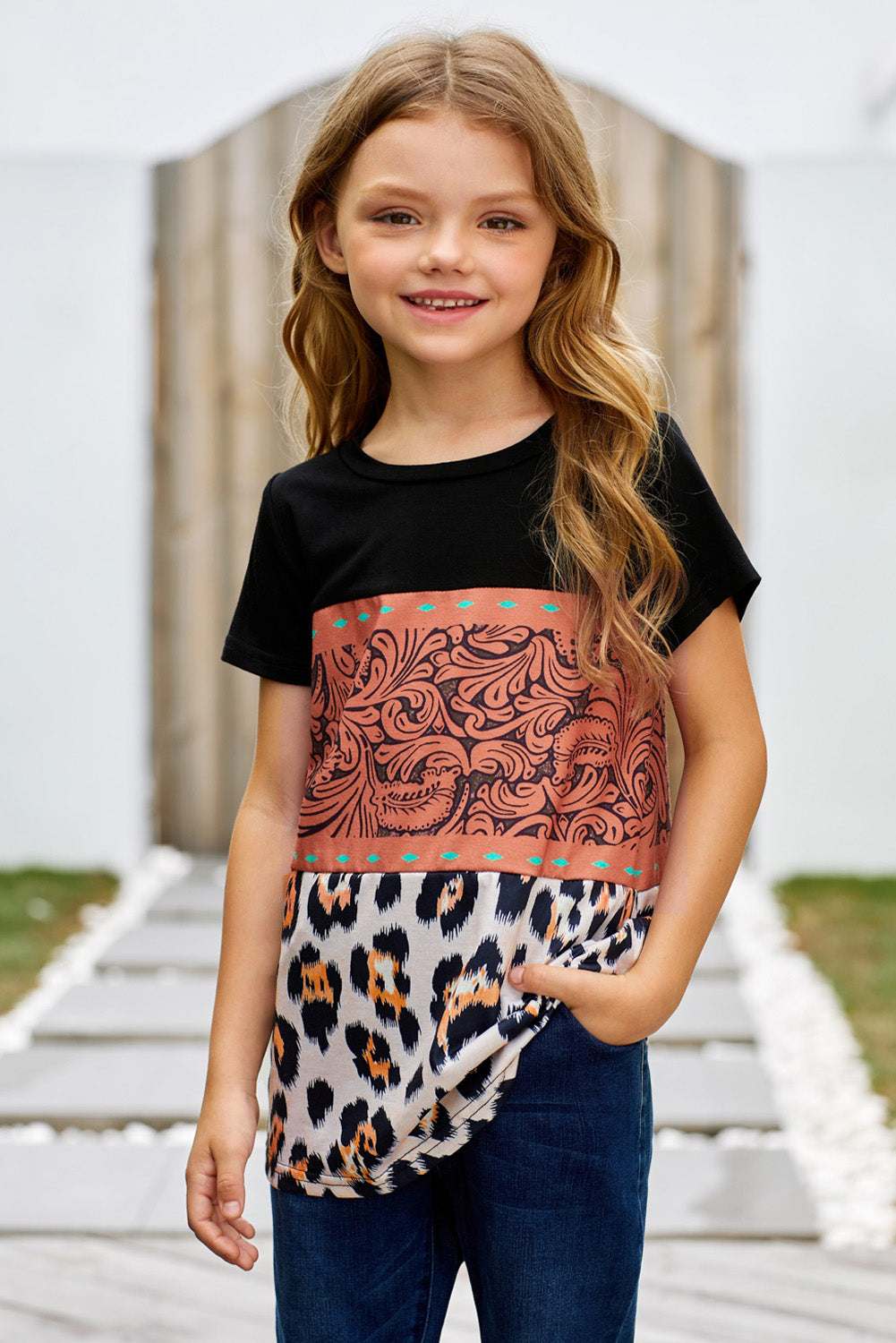 Brown Print Leopard Colorblock Girls' T-shirt
