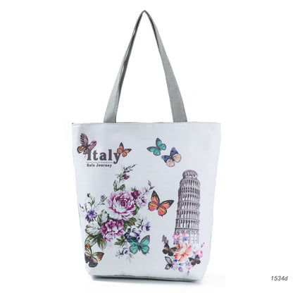 Ink Painting Flower Shoulder Bag Female Printed Flowers Zip Shopping Bag
