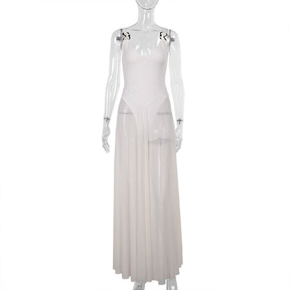 Women's Solid-Color Elegant Resort Bodycon Mesh A-Line Dress