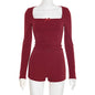 New Square Collar Bow Long Sleeve Top Tight Shorts Suit Women