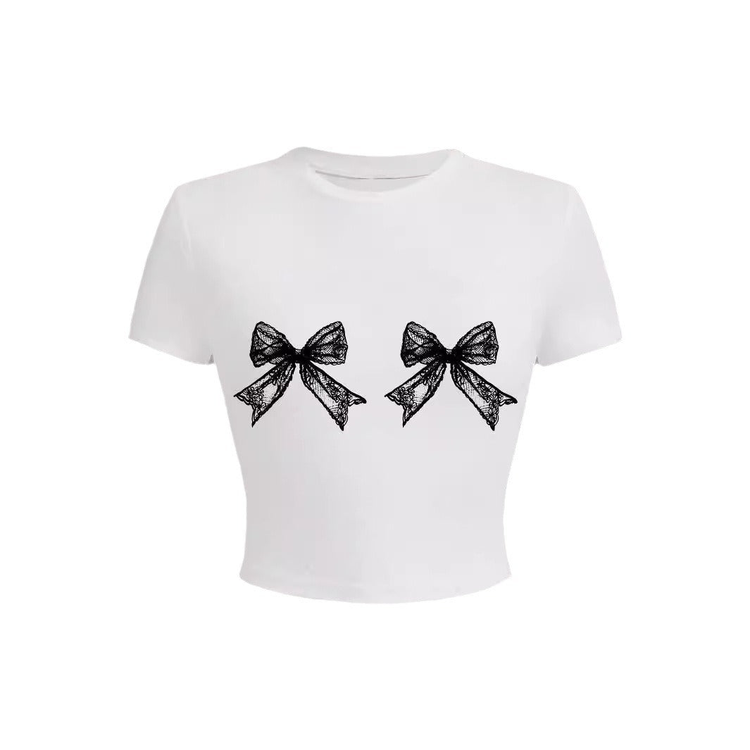 Casual Simple Round Neck Lace Bow Print Short Sleeve