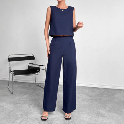 Round Neck Sleeveless Top Wide Leg Pants Two-piece Set