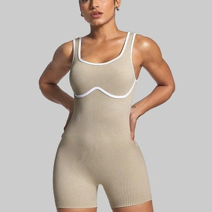 Elastic Contrast Color Yoga Jumpsuit – Seamless Tight-Fit Activewear for Women
