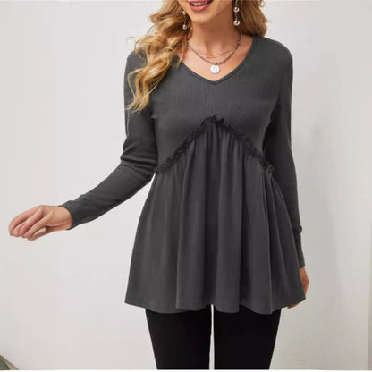 Loose-fit Ruffled Pleated V-neck T-shirt For Women