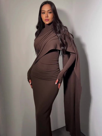 Brown Turtleneck Long-sleeved Slim Dress