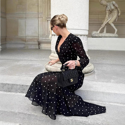 Elegant Mid-Length V-Neck Polka-Dot Waist-Cinched Dress