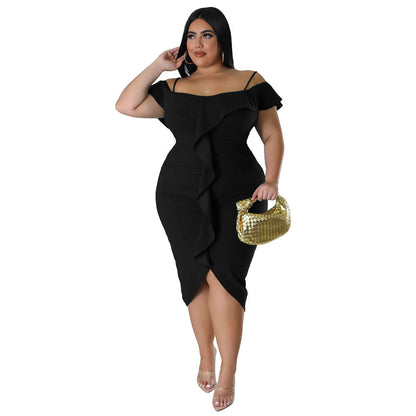 Solid-color Dress Halter-neck Midi Skirt