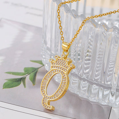 1PCS Fashionable Gold Diamond Crown Uppercase Letter Popular Pendant Necklace Suitable For Daily Use Festivals Parties Gifts Jewelry Set