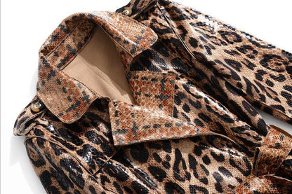 Long-sleeved Leopard Print Shiny Suede Fashion Lace-up Trench Coat