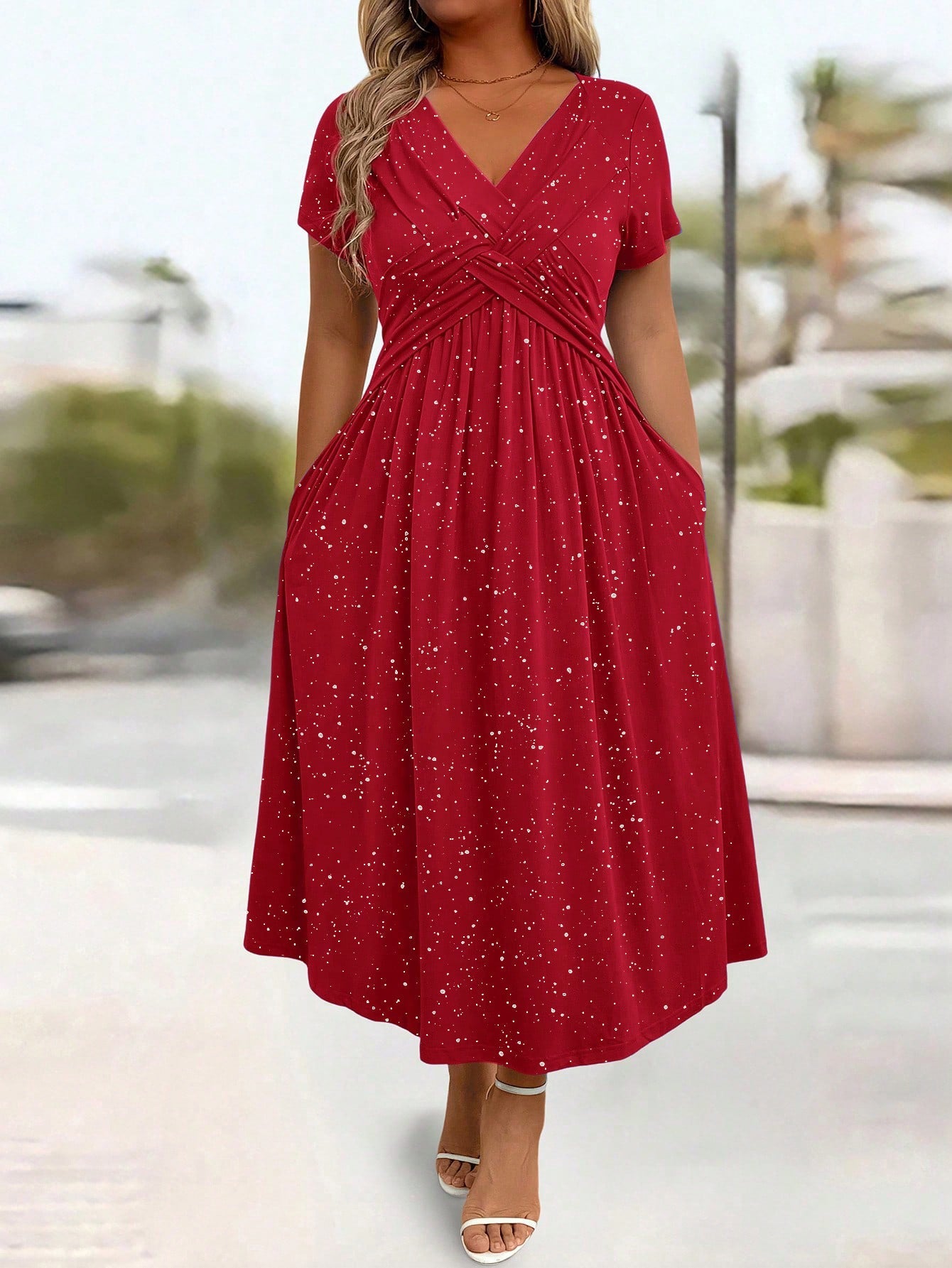 Waist Cinching Elegant Dress With A Vneck Shimmering Powder Finish Twisted Ribbon Detailing And Pocket Design