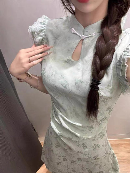 Women's Cinched-waist Bishop-sleeve Green New Chinese-style Dress