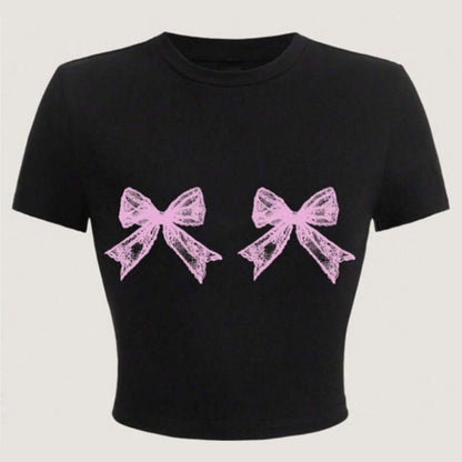 Casual Simple Round Neck Lace Bow Print Short Sleeve