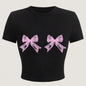 Casual Simple Round Neck Lace Bow Print Short Sleeve