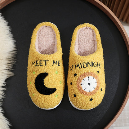 Cosy Moon & Clock Print Slippers - Plush Memory Foam House Shoes for Women | Anti-Slip Winter Warmth