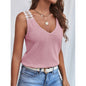 Women's Waffle Knit V-Neck Tank Top - Sleeveless Lace Trim Vest for Summer | Premium Casual Wear