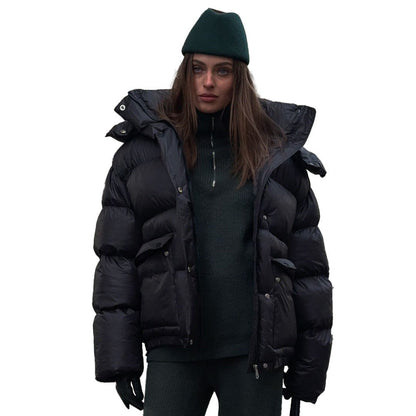 Women's Cottonpadded Overcoat Jacket Square Pocket Cushion Warm Hooded Cotton
