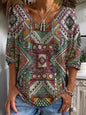 Womens Loose-fitting Geometric-print V-neck Long-sleeve Top