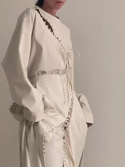 Cream Lace-Up Detail Top And Asymmetric Maxi Skirt Set