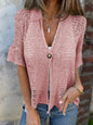 V-neck Single-button Half-sleeved Cardigan Hollow Out Knitted Tops For Women Clithing