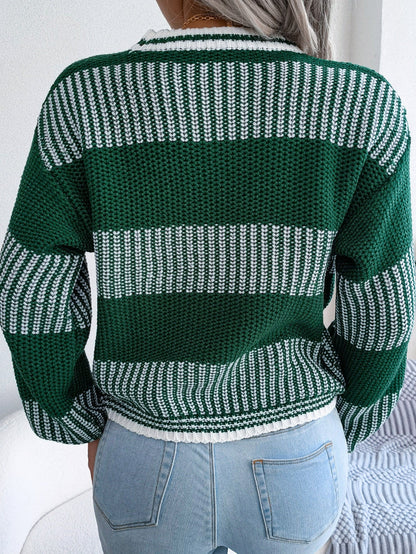 Women Casual Color Block Stripe Long Sleeve Knit Sweater