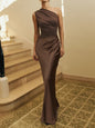 Brown One Shoulder Paneled Satin Dress