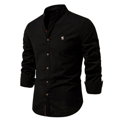 Men's Cotton And Linen Casual Fashion Solid Color Long Sleeve Henley Shirt