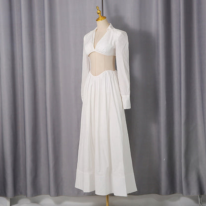 White Cutout Shirt Collar Two-Piece Set - Long Sleeve Crop Top & High-Waisted Maxi Skirt
