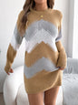 Women Casual Color Block Lantern Sleeve Sweater Dress