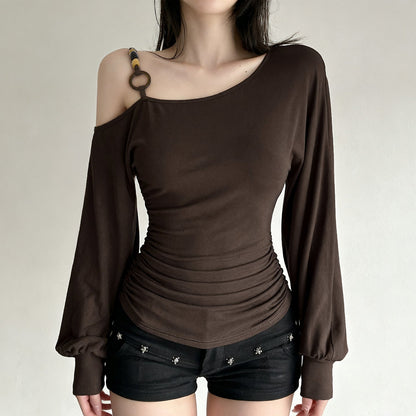 Vintage Off-shoulder Beaded-strapped Lantern-sleeve T-shirt