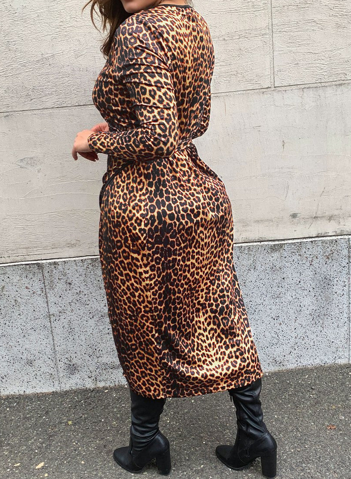 Brown Leopard Wrap V Neck Plus size Dress with A Slit