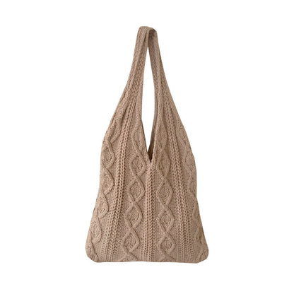 GWomen Shoulder Bags Portable Retro Hollow Knitted Woolen Yarn Bag Shoulder Tote Bag Solid Color Crochet Bag Large Capacity Shopping Tote Bags