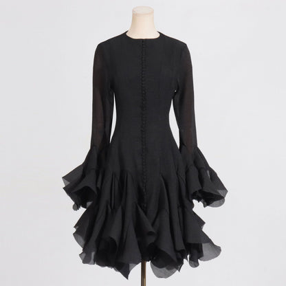 New Fashion High Collar Long Sleeve High Sense Cinched Mid-length Dress