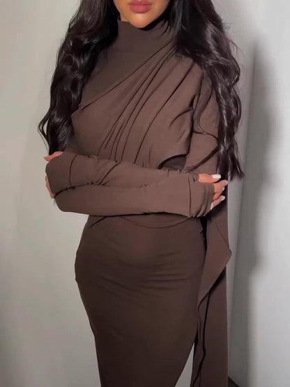Brown Turtleneck Long-sleeved Slim Dress
