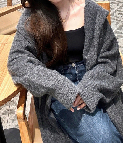Korean Style Idle Style Hooded Long Below The Knee Knitted Cardigan For Women
