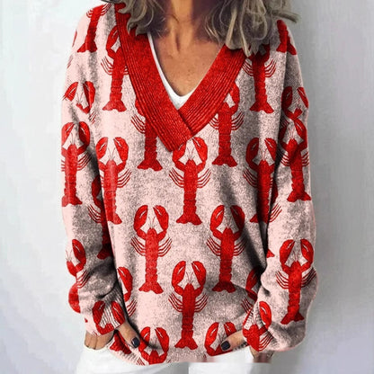 Floral Pattern Printed V-neck Long Sleeve Casual Sweatshirt