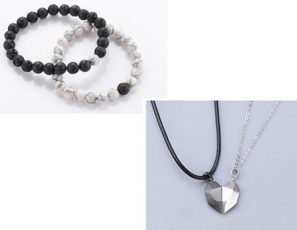 Attractive Wishing Stone Couple Pendant Necklace Ancient Love Token Heart-shaped Electrocardiogram Magnetic Heart Pendant Splicing Necklace Valentine's Day Gift