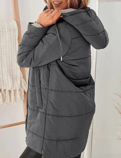 Women's Hooded Solid Color Pocket Long Cotton Jacket Coat