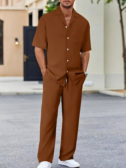 Men's Trousers Suit Fashion Lapel Button Short Sleeve Shirt And Pocket Straight Pants Clothing