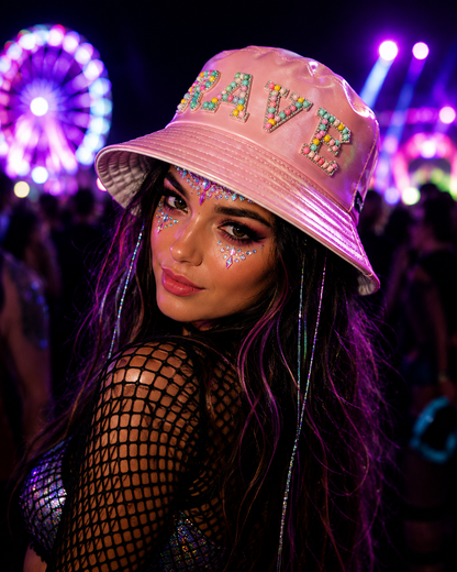 Handmade Baby Pink Metallic Rave Bucket Hat – Festival Statement Hat