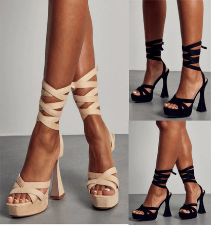 Women's Suede Platform Tie Up Flare Heels in Black and Nude - The Shoe Box Boutique