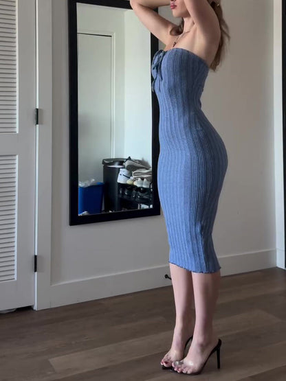 Haze Blue Tube Top Knitted Bodycon Dress