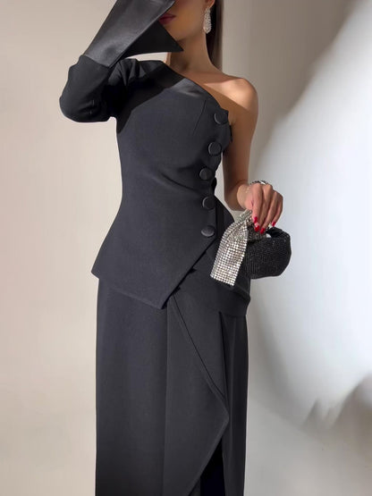 One-piece Single-breasted Top & Irregular Skirt Set featuring a stylish black design with buttons and a chic silhouette.